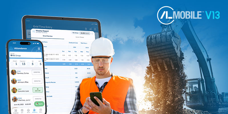 Construction worker using ALMobile a Construction Management Software Platform application with different screens of the features like Attendance, Grid TIme Entry allowing you to manage all the construction projects in one single place