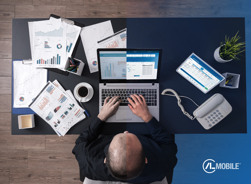 Person working with charts and laptop seeing how ALmobile organizes everything in one single tool