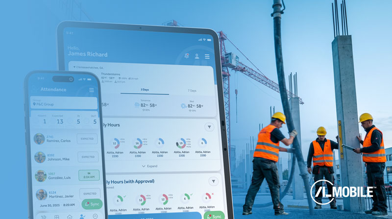 Construciton Workers at the construction zone working while an iPad and an iPhone show the new ALMobile V13 SaaS