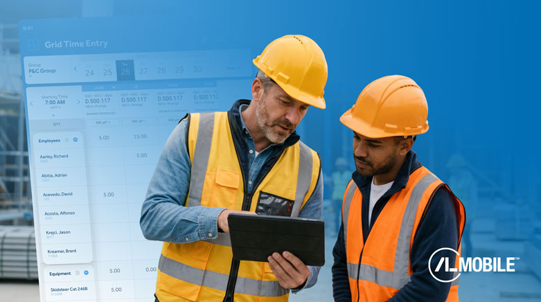 Two construction workers looking at an iPad while working with ALMobile in the field