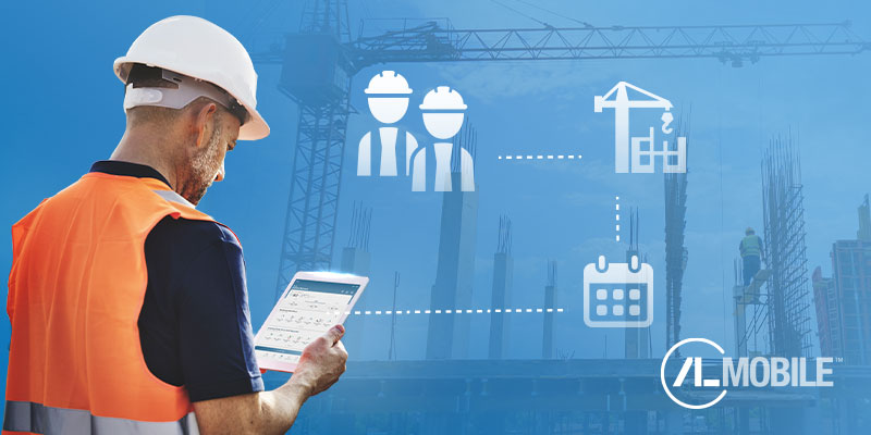 Construction worker using ALMobile time and attendance software to capture field data and improve jobsite reporting.